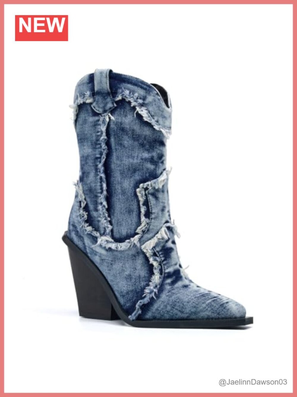 Denim Rhinestone Chunky Heel Pointed Toe Mid-Calf Western Boots